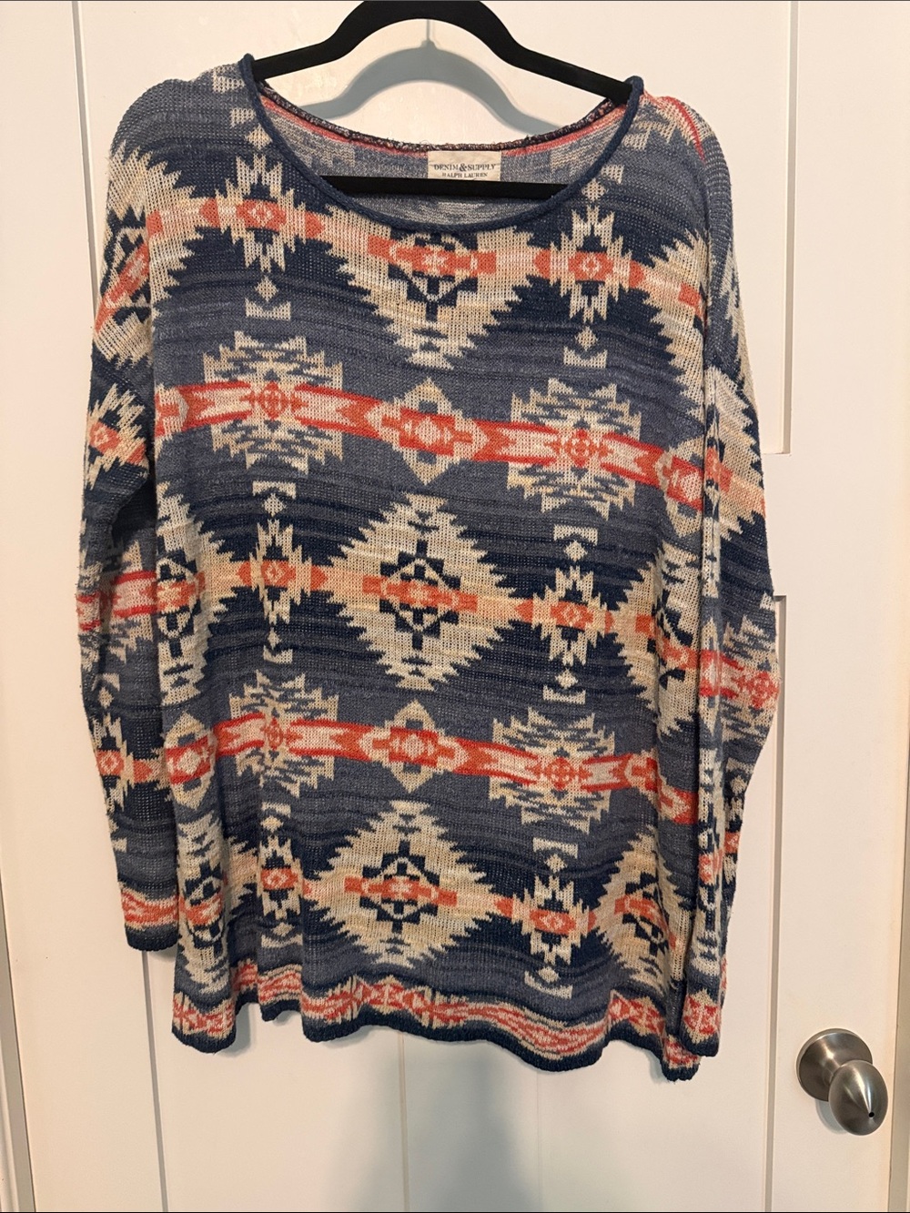 Denim & Supply Ralph Lauren Navy Aztec-Print Long Sleeve Top with Cream and Rust